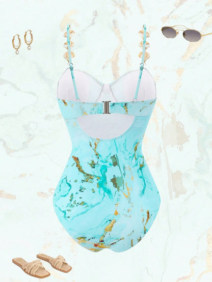Swim SPRTY 2026 New Women's Plus Size Summer Fashion One-Piece Swimsuit With Skirt Set, Fashionable Print Starfish & Shell Embellishments, Underwire Push-Up Support, Casual Beach Vacation 2-Piece Swim