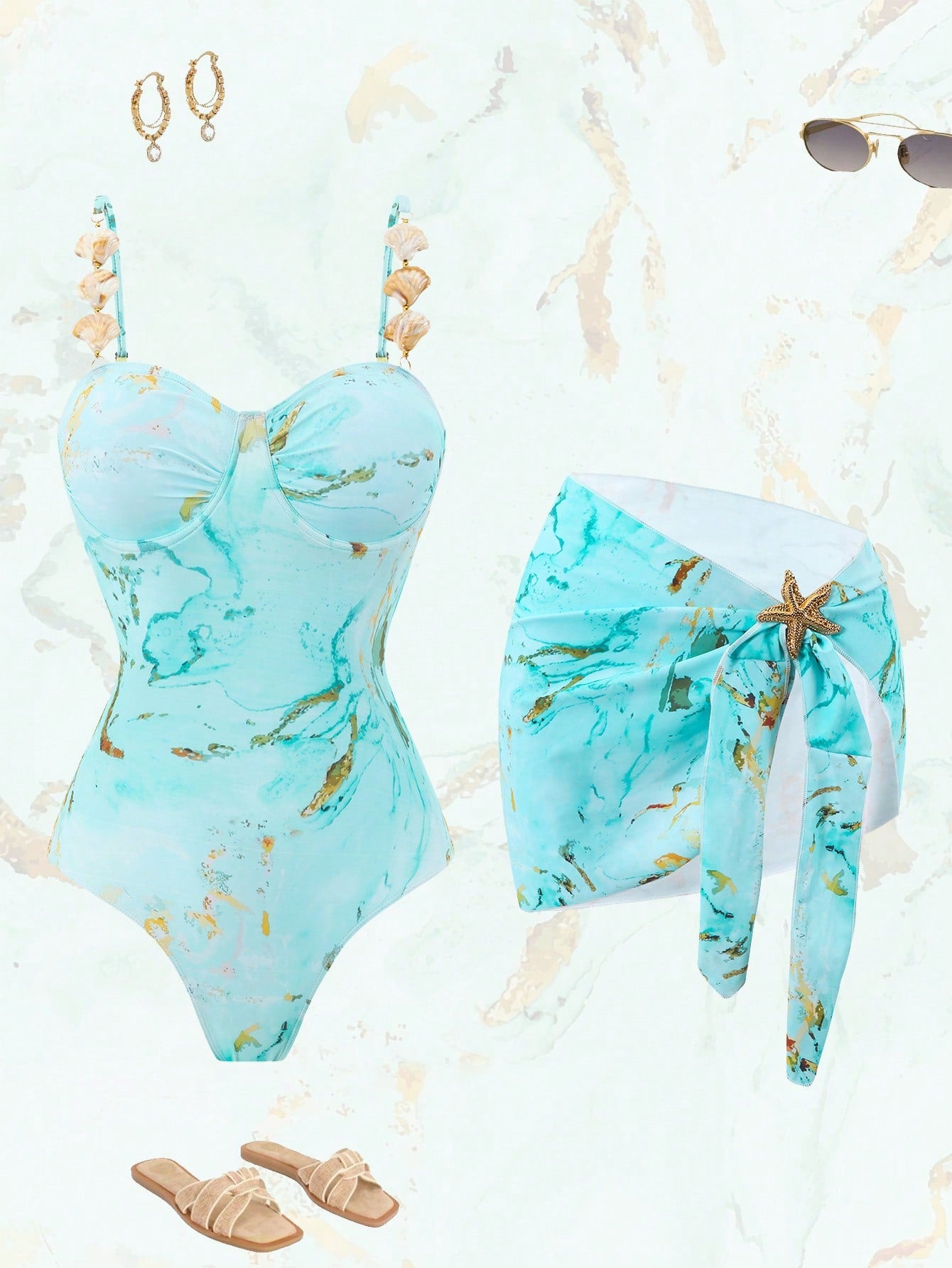 Swim SPRTY 2026 New Women's Plus Size Summer Fashion One-Piece Swimsuit With Skirt Set, Fashionable Print Starfish & Shell Embellishments, Underwire Push-Up Support, Casual Beach Vacation 2-Piece Swim
