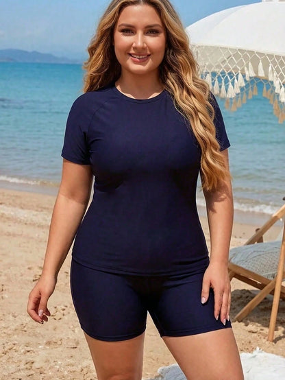 Swim SPRTY Plus Size Women Beach Vacation Raglan Short Sleeve Casual Tankini Set Navy Blue Summer