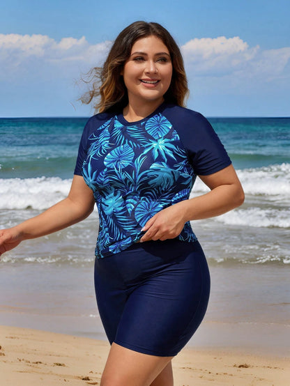 Swim SPRTY Plus Size Women Beach Vacation Raglan Short Sleeve Casual Tankini Set Navy Blue Summer