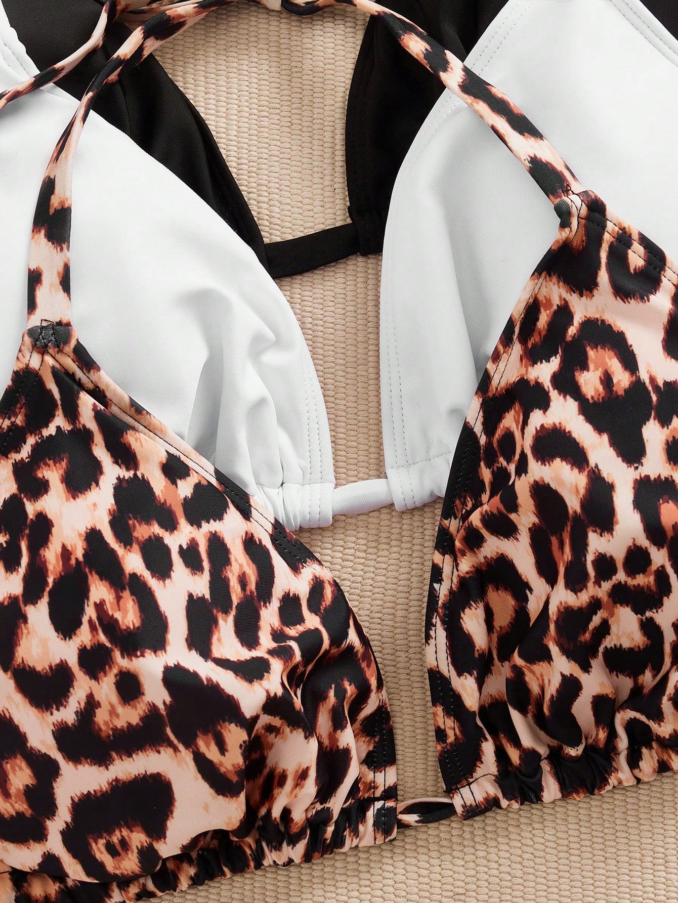 Swim SXY 3pcs/Set Plus Size Women's Swim Top, Leopard Print Mixed Color Knitted Fabric Casual Tank Style Spaghetti Strap Bikini Top Summer
