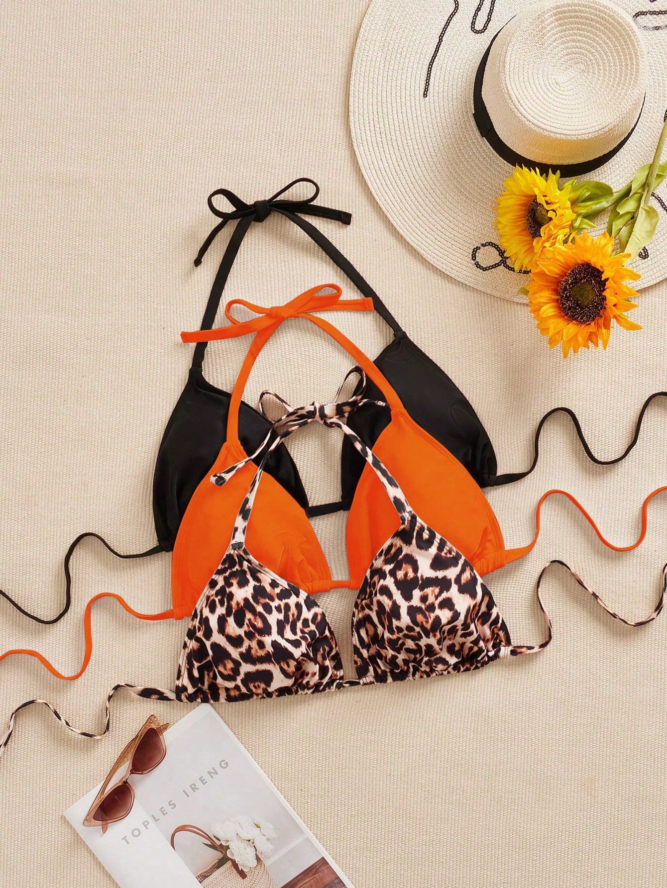 Swim SXY 3pcs/Set Plus Size Women's Swim Top, Leopard Print Mixed Color Knitted Fabric Casual Tank Style Spaghetti Strap Bikini Top Summer