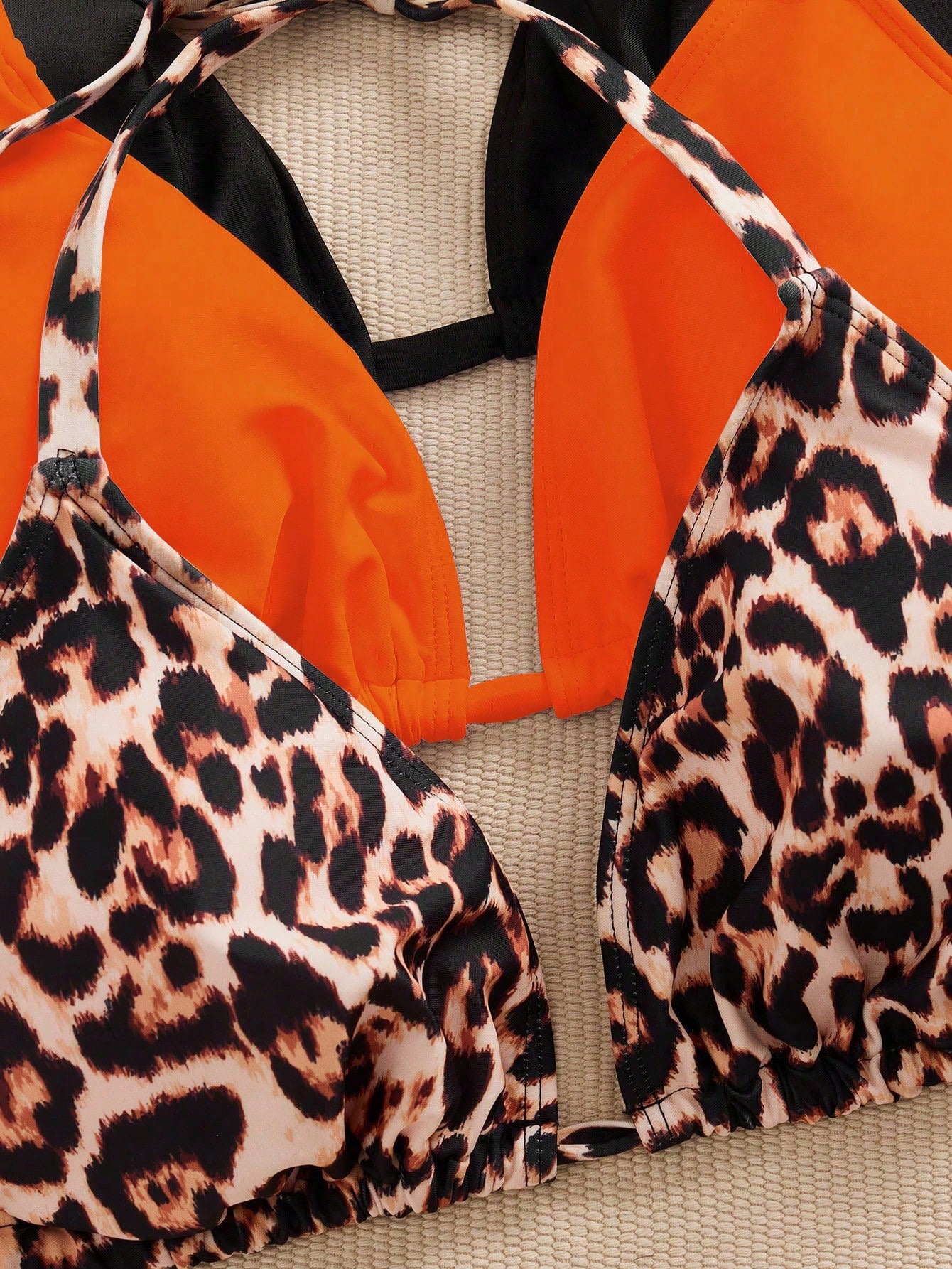 Swim SXY 3pcs/Set Plus Size Women's Swim Top, Leopard Print Mixed Color Knitted Fabric Casual Tank Style Spaghetti Strap Bikini Top Summer