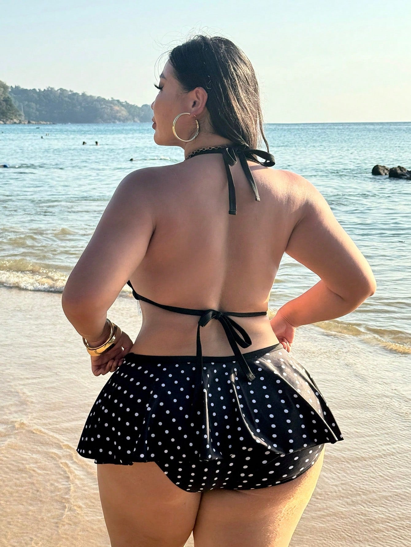 Swim SXY Plus Size 2-Piece Swimwear For Women, Black 1920s Flapper Spaghetti Strap Polka Dot Top & Contrast Ruffle Bikini Bottom,Summer Beach Holiday Set