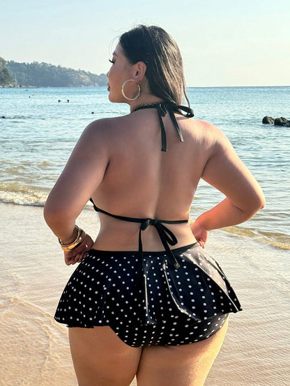 Swim SXY Plus Size 2-Piece Swimwear For Women, Black 1920s Flapper Spaghetti Strap Polka Dot Top & Contrast Ruffle Bikini Bottom,Summer Beach Holiday Set