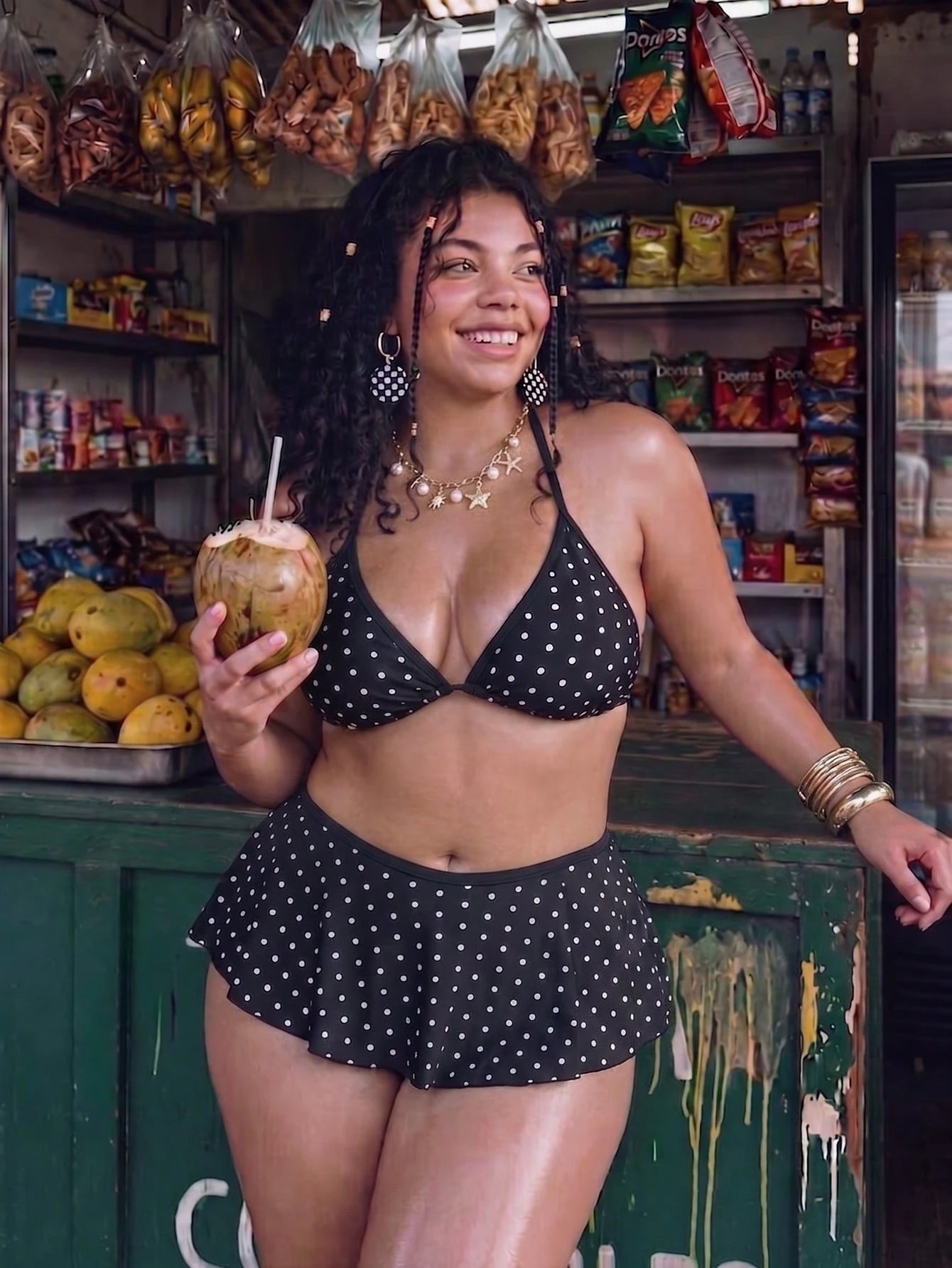 Swim SXY Plus Size 2-Piece Swimwear For Women, Black 1920s Flapper Spaghetti Strap Polka Dot Top & Contrast Ruffle Bikini Bottom,Summer Beach Holiday Set