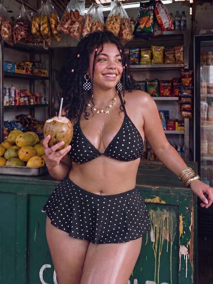 Swim SXY Plus Size 2-Piece Swimwear For Women, Black 1920s Flapper Spaghetti Strap Polka Dot Top & Contrast Ruffle Bikini Bottom,Summer Beach Holiday Set