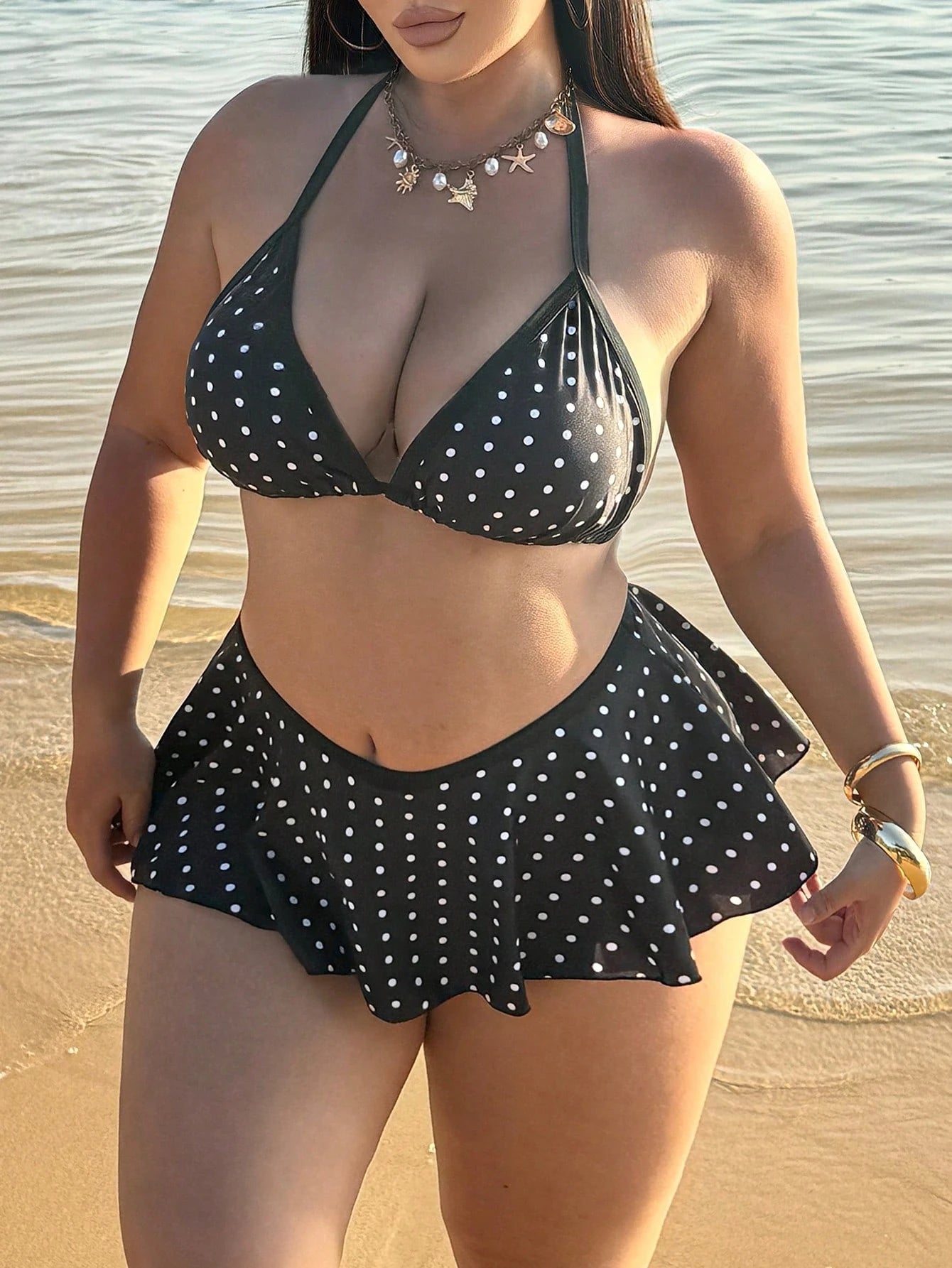 Swim SXY Plus Size 2-Piece Swimwear For Women, Black 1920s Flapper Spaghetti Strap Polka Dot Top & Contrast Ruffle Bikini Bottom,Summer Beach Holiday Set