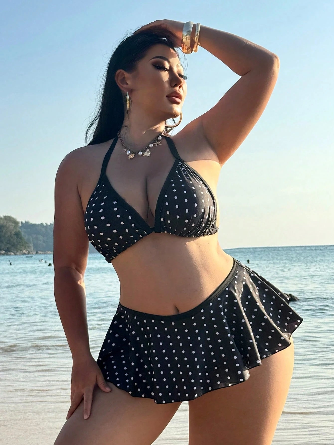 Swim SXY Plus Size 2-Piece Swimwear For Women, Black 1920s Flapper Spaghetti Strap Polka Dot Top & Contrast Ruffle Bikini Bottom,Summer Beach Holiday Set