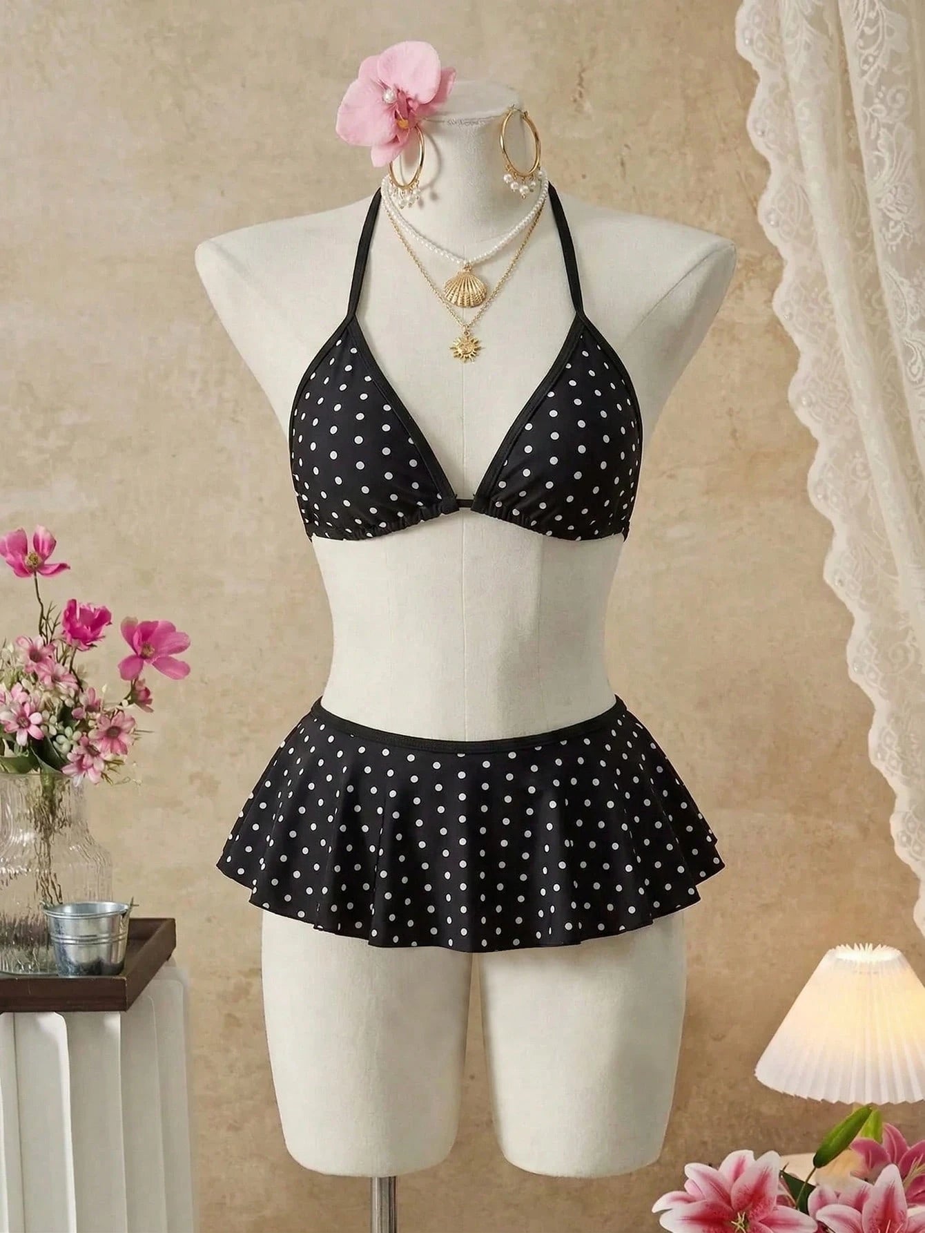 Swim SXY Plus Size 2-Piece Swimwear For Women, Black 1920s Flapper Spaghetti Strap Polka Dot Top & Contrast Ruffle Bikini Bottom,Summer Beach Holiday Set