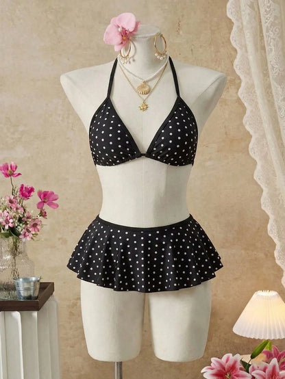 Swim SXY Plus Size 2-Piece Swimwear For Women, Black 1920s Flapper Spaghetti Strap Polka Dot Top & Contrast Ruffle Bikini Bottom,Summer Beach Holiday Set