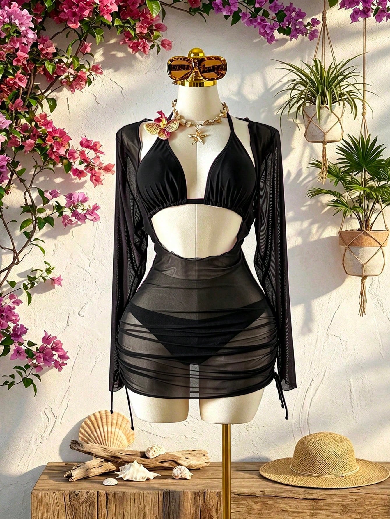 Swim SXY Plus Size 3 PiecesFloral Accent Solid Color Sexy Women Swimwear Set