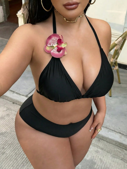 Swim SXY Plus Size 3 PiecesFloral Accent Solid Color Sexy Women Swimwear Set