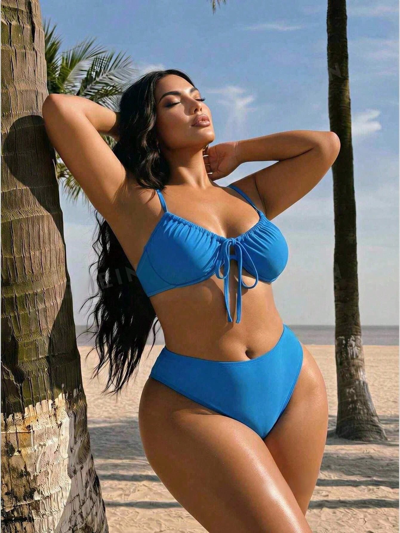 Swim SXY Plus Size Solid Color Beach Vacation Swimsuit Set