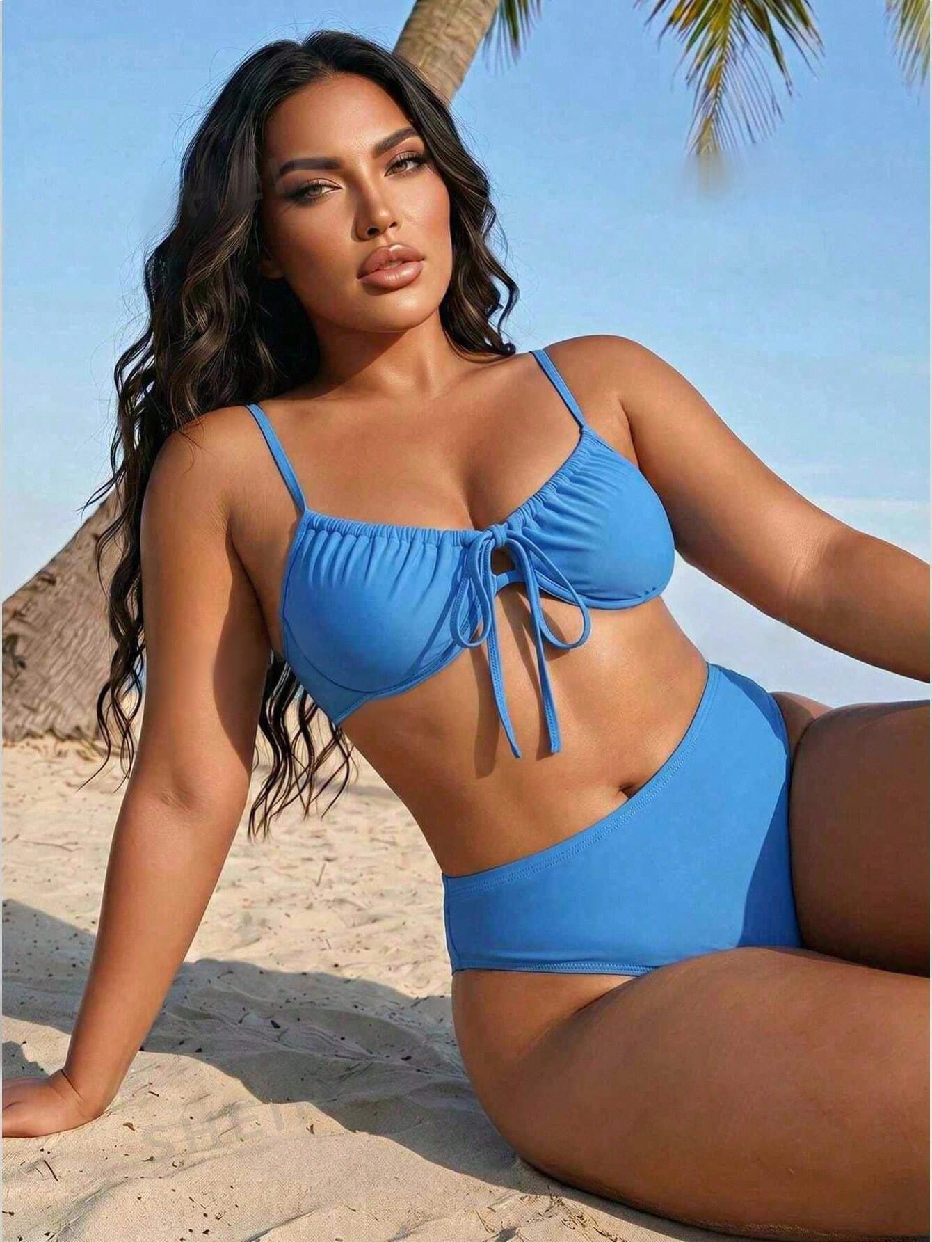 Swim SXY Plus Size Solid Color Beach Vacation Swimsuit Set