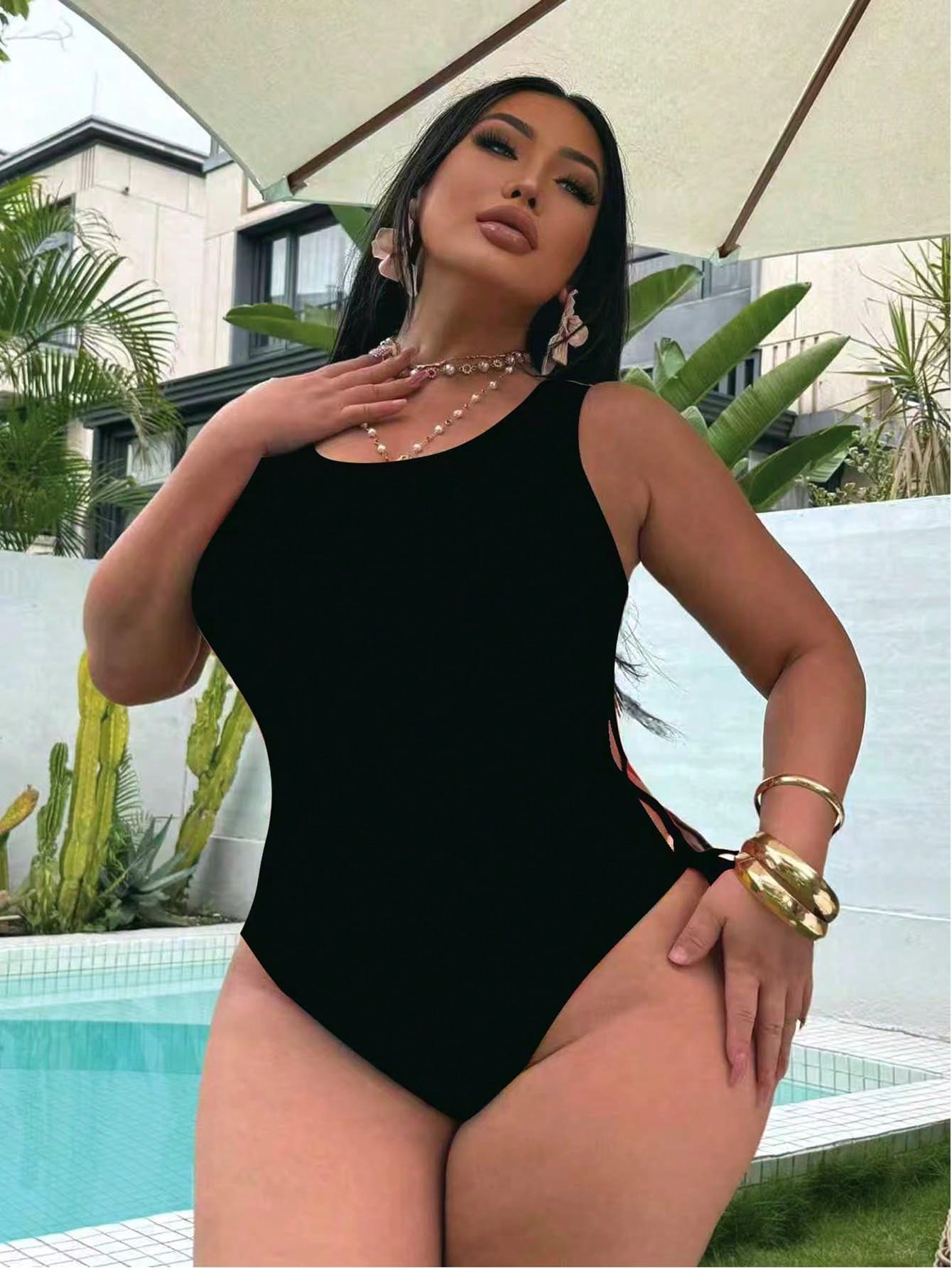 Swim SXY Plus Size Women One-Piece Tropical Print Beach Vacation Swimsuit White Summer Sexy