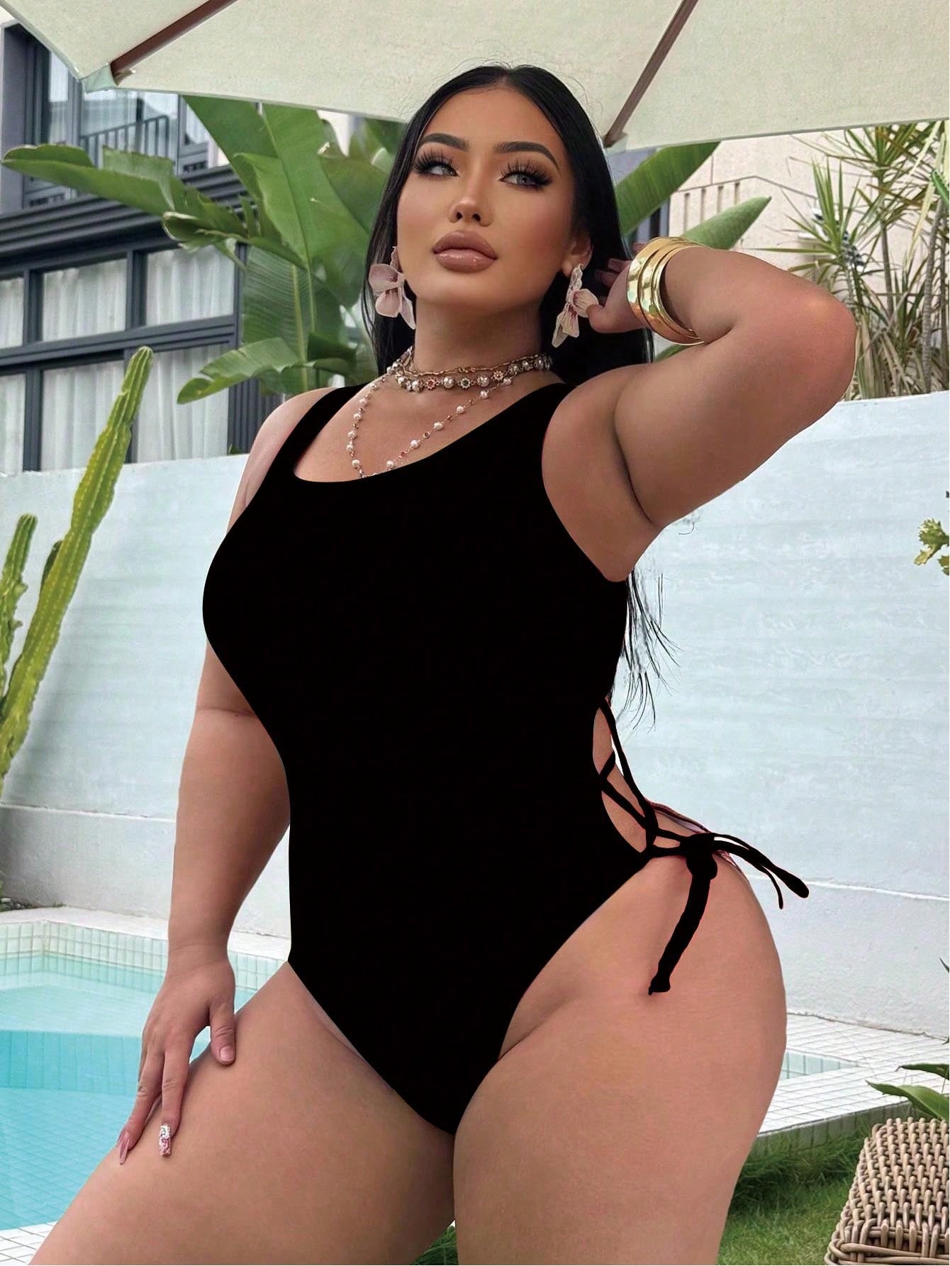 Swim SXY Plus Size Women One-Piece Tropical Print Beach Vacation Swimsuit White Summer Sexy