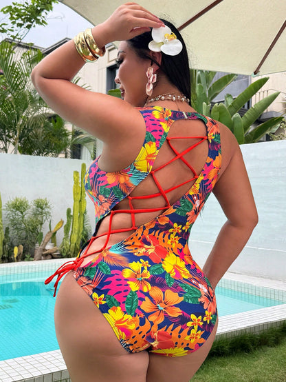 Swim SXY Plus Size Women One-Piece Tropical Print Beach Vacation Swimsuit White Summer Sexy