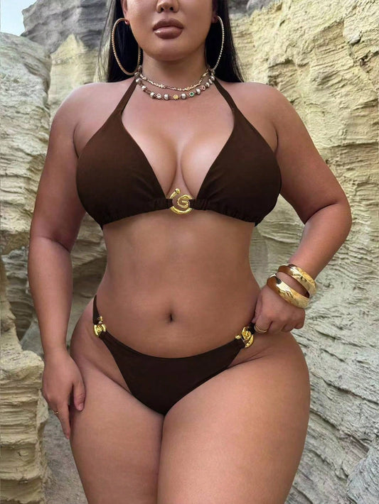 Swim SXY Plus Size Women's Halter Split Sequin Solid Color Spiral Decor Two Pieces Sexy Bikini Set, For Summer Beach Vacation