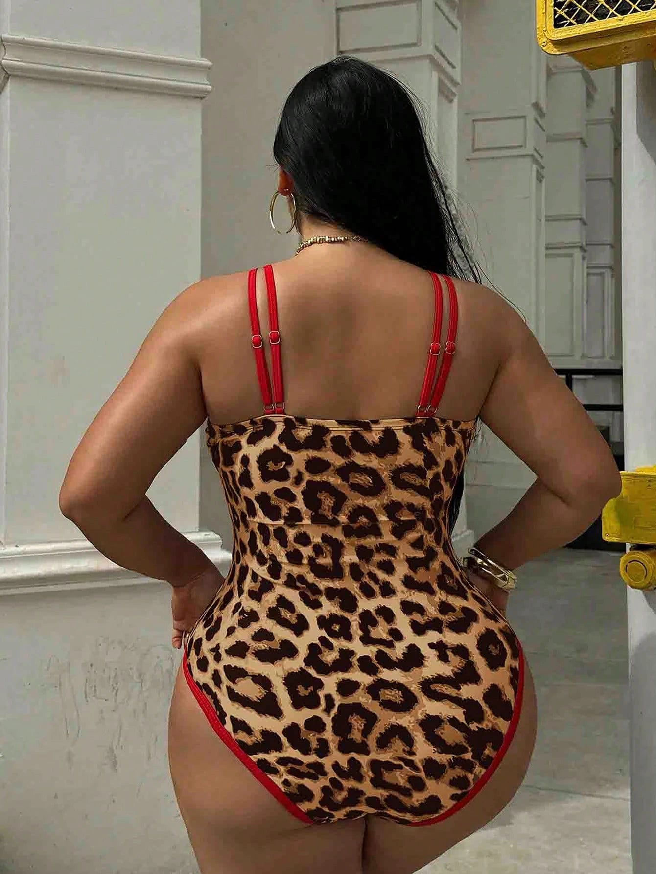 Swim SXY Plus Size Women's Leopard Print Deep V-Neck Sexy Beach Vacation Vacation One-Piece Swimsuit Summer