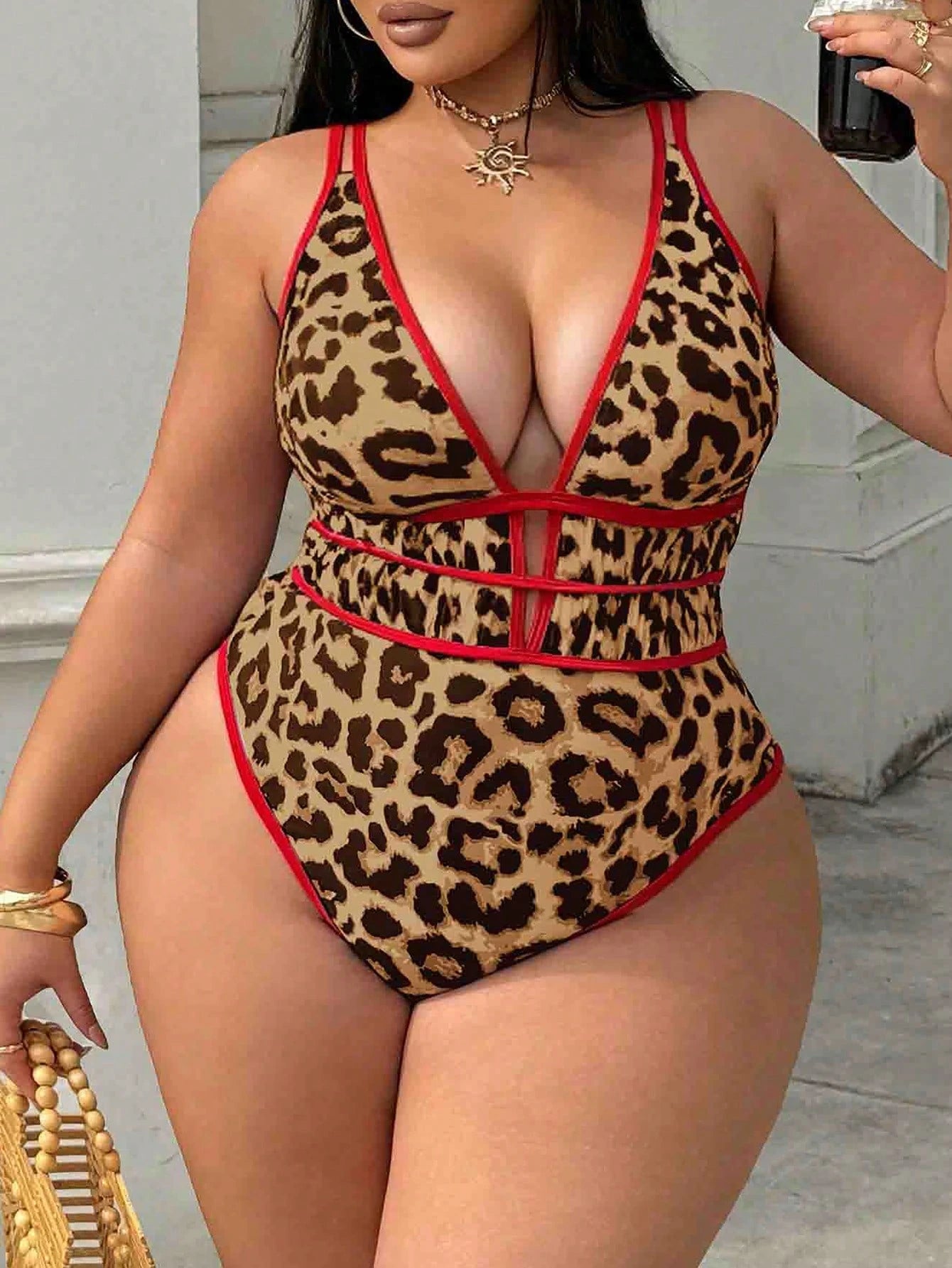 Swim SXY Plus Size Women's Leopard Print Deep V-Neck Sexy Beach Vacation Vacation One-Piece Swimsuit Summer