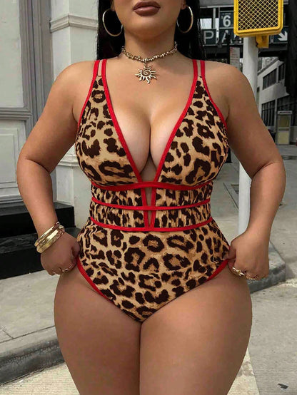Swim SXY Plus Size Women's Leopard Print Deep V-Neck Sexy Beach Vacation Vacation One-Piece Swimsuit Summer
