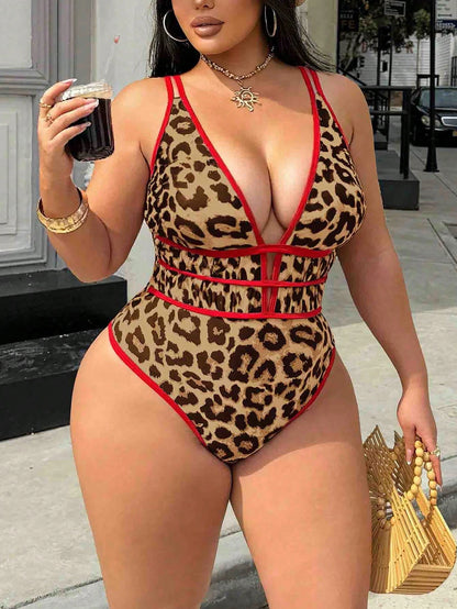 Swim SXY Plus Size Women's Leopard Print Deep V-Neck Sexy Beach Vacation Vacation One-Piece Swimsuit Summer