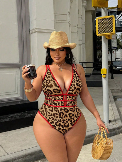 Swim SXY Plus Size Women's Leopard Print Deep V-Neck Sexy Beach Vacation Vacation One-Piece Swimsuit Summer