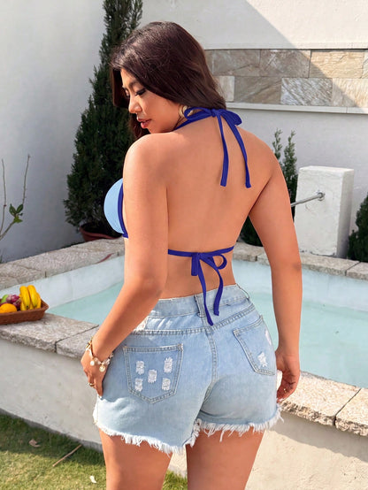 Swim SXY Plus Size Women's Light Blue Contrast Color Swimsuit Top,Casual Modest Halter Tie Strap Triangle Cup Summer Kawaii Beach Holiday Vacation Party