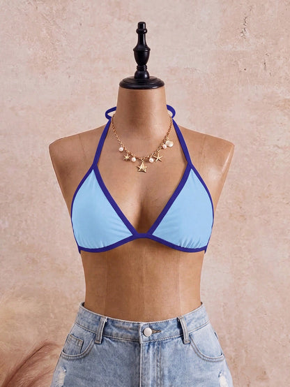 Swim SXY Plus Size Women's Light Blue Contrast Color Swimsuit Top,Casual Modest Halter Tie Strap Triangle Cup Summer Kawaii Beach Holiday Vacation Party