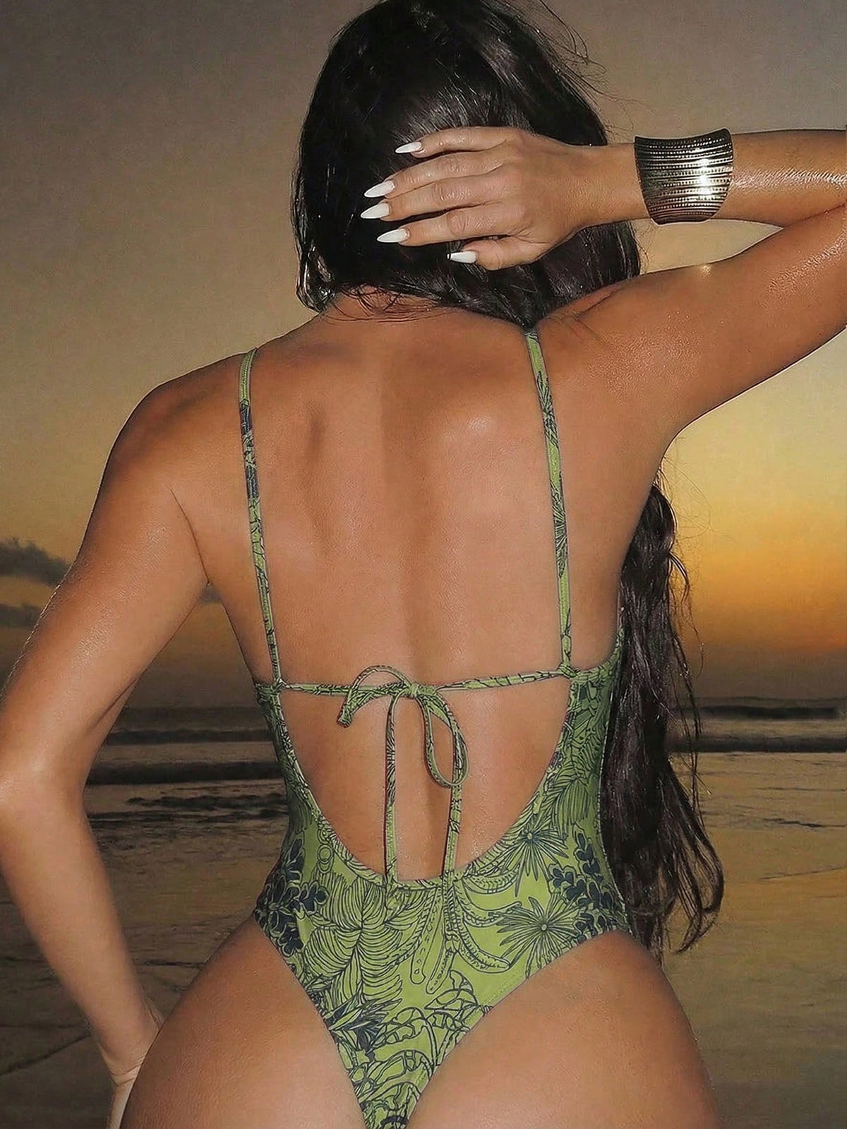 Swim SXY Women's Backless Floral Print One-Piece Swimsuit,Green Tropical Botanical Print Spaghetti Straps Thong Bikini,Summer Casual Holiday Vacation