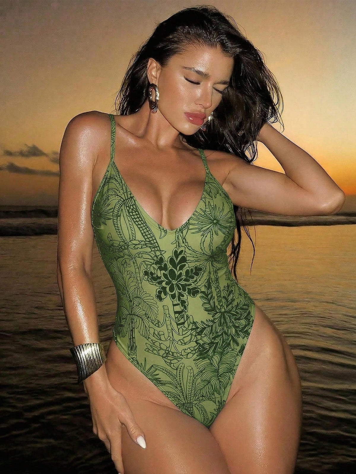 Swim SXY Women's Backless Floral Print One-Piece Swimsuit,Green Tropical Botanical Print Spaghetti Straps Thong Bikini,Summer Casual Holiday Vacation