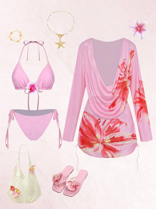Swim Vcay 2026 New Cerise Pink Summer Beach Holiday Floral Print 3-Piece Set,Elegant Gentle Cute Outfit,Adjustable Plus Size Swimwear,Cover-Up Jacket & Dress