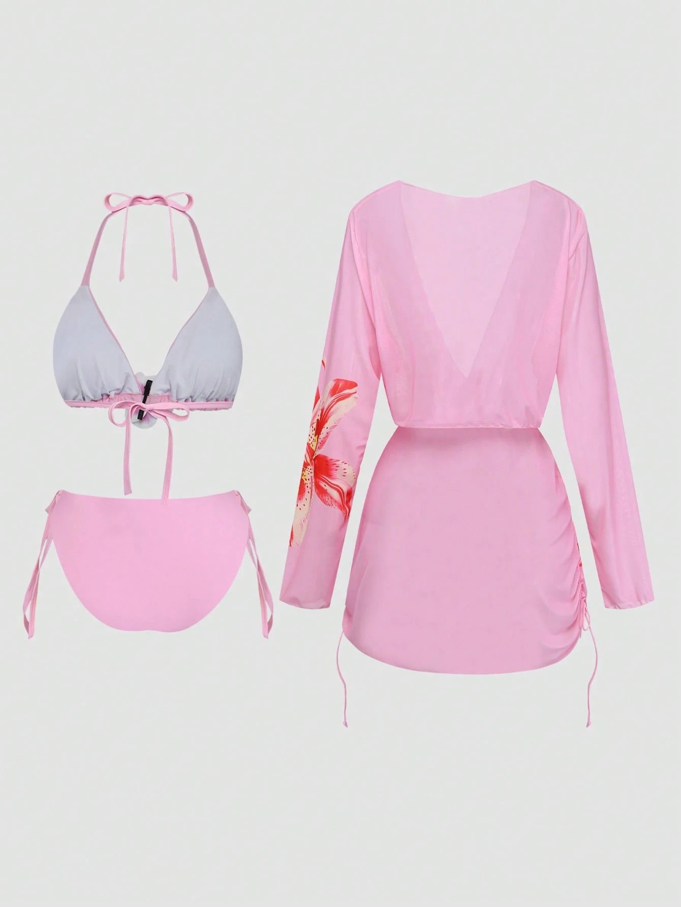 Swim Vcay 2026 New Cerise Pink Summer Beach Holiday Floral Print 3-Piece Set,Elegant Gentle Cute Outfit,Adjustable Plus Size Swimwear,Cover-Up Jacket & Dress