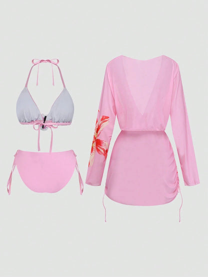 Swim Vcay 2026 New Cerise Pink Summer Beach Holiday Floral Print 3-Piece Set,Elegant Gentle Cute Outfit,Adjustable Plus Size Swimwear,Cover-Up Jacket & Dress