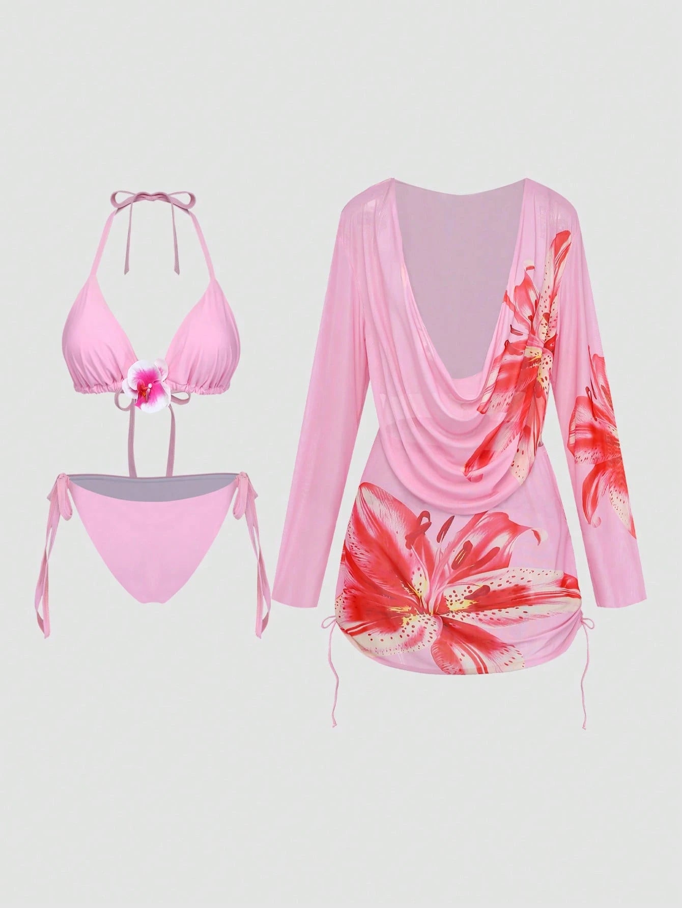 Swim Vcay 2026 New Cerise Pink Summer Beach Holiday Floral Print 3-Piece Set,Elegant Gentle Cute Outfit,Adjustable Plus Size Swimwear,Cover-Up Jacket & Dress