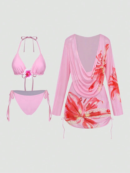 Swim Vcay 2026 New Cerise Pink Summer Beach Holiday Floral Print 3-Piece Set,Elegant Gentle Cute Outfit,Adjustable Plus Size Swimwear,Cover-Up Jacket & Dress