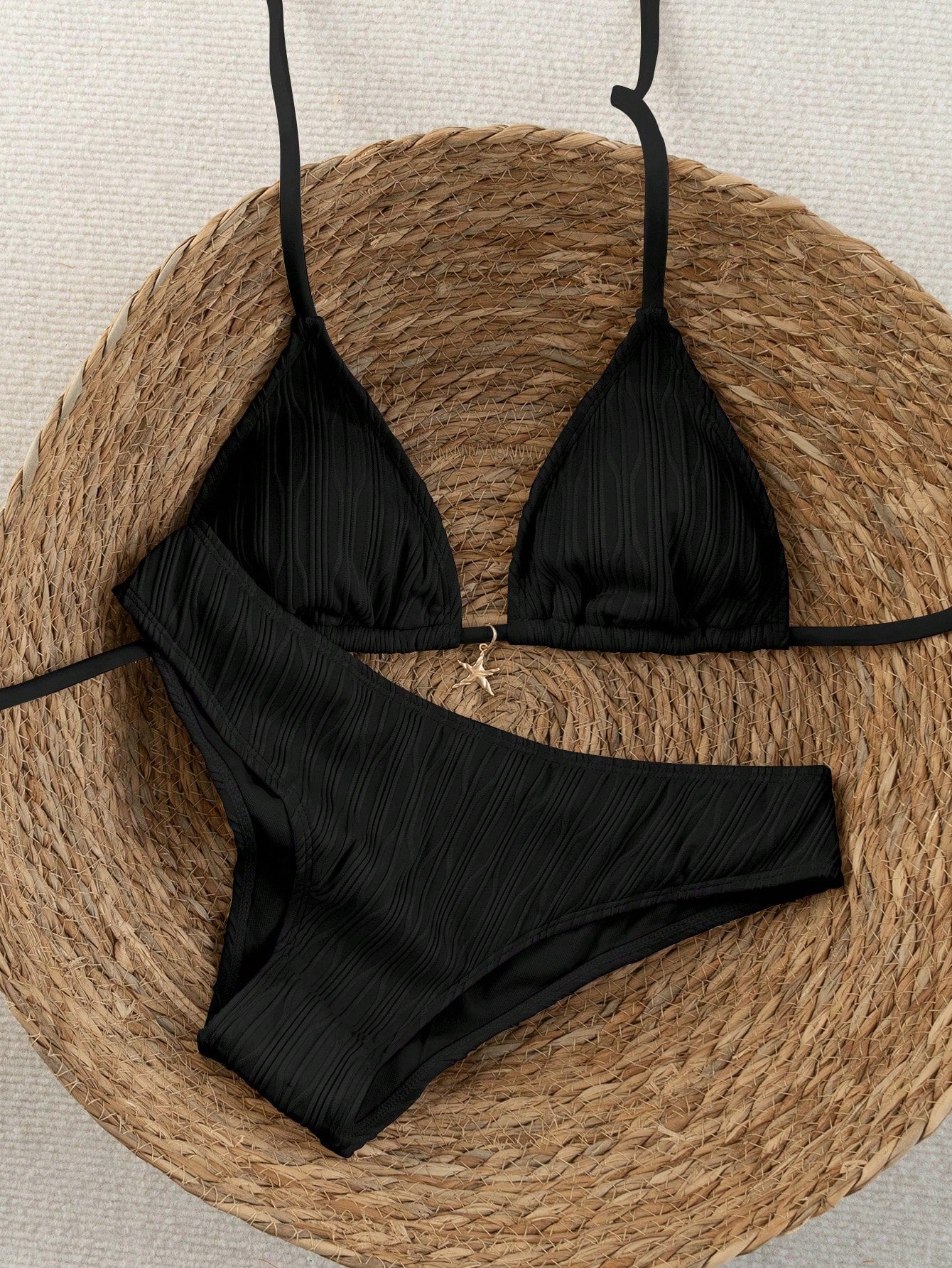 Swim Vcay 2026 Spring/Summer Women's Polka Dot Print Halter Neck Swimwear,Black Ribbed Textured Bikini Set With High Cut Bottoms,Tropical Holiday Vacation