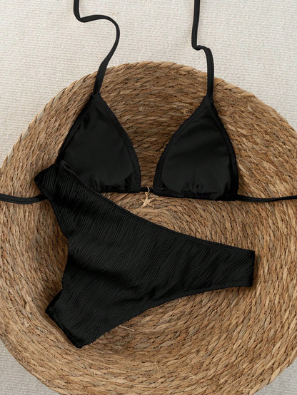 Swim Vcay 2026 Spring/Summer Women's Polka Dot Print Halter Neck Swimwear,Black Ribbed Textured Bikini Set With High Cut Bottoms,Tropical Holiday Vacation