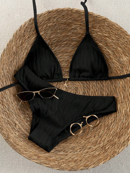 Swim Vcay 2026 Spring/Summer Women's Polka Dot Print Halter Neck Swimwear,Black Ribbed Textured Bikini Set With High Cut Bottoms,Tropical Holiday Vacation