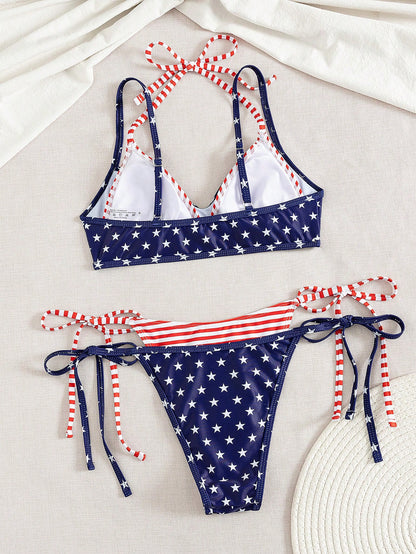 Swim Vcay 2pcs/Set New Random Print 2 In 1 Side Tie Sexy Elegant Vacation Bikini Swimwear Set, Suitable For Beach, Pool Party