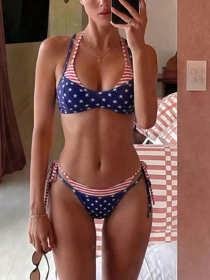 Swim Vcay 2pcs/Set New Random Print 2 In 1 Side Tie Sexy Elegant Vacation Bikini Swimwear Set, Suitable For Beach, Pool Party