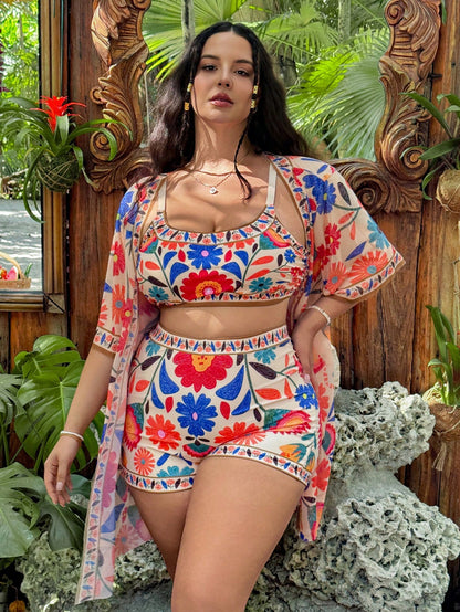 Swim Vcay 3pcs/Set Plus Size Women Position Floral Design One Piece Swimsuit & Cover Up Set, Casual Summer Beach Wear