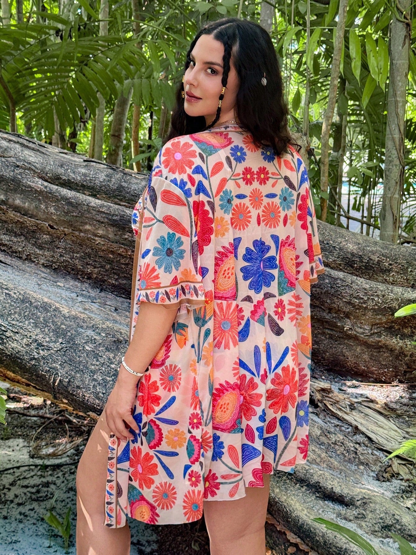 Swim Vcay 3pcs/Set Plus Size Women Position Floral Design One Piece Swimsuit & Cover Up Set, Casual Summer Beach Wear