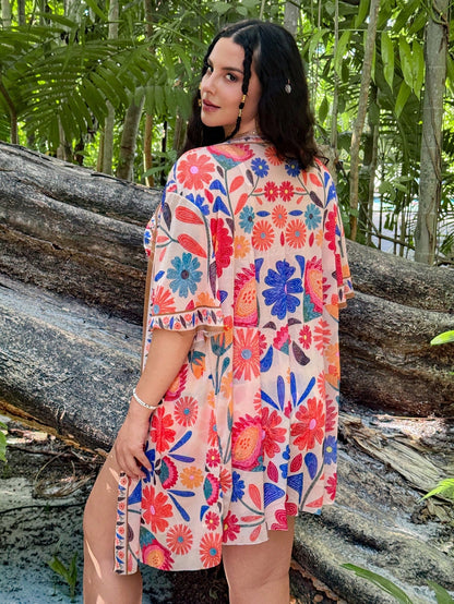 Swim Vcay 3pcs/Set Plus Size Women Position Floral Design One Piece Swimsuit & Cover Up Set, Casual Summer Beach Wear