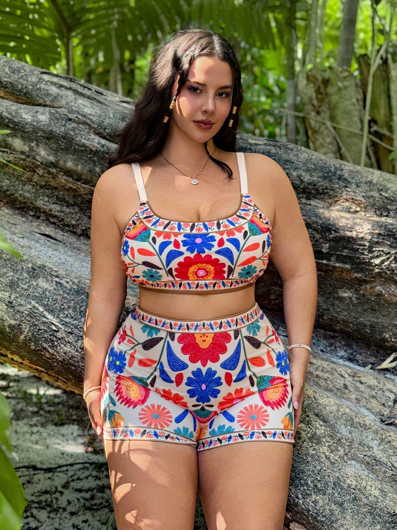 Swim Vcay 3pcs/Set Plus Size Women Position Floral Design One Piece Swimsuit & Cover Up Set, Casual Summer Beach Wear
