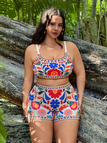 Swim Vcay 3pcs/Set Plus Size Women Position Floral Design One Piece Swimsuit & Cover Up Set, Casual Summer Beach Wear