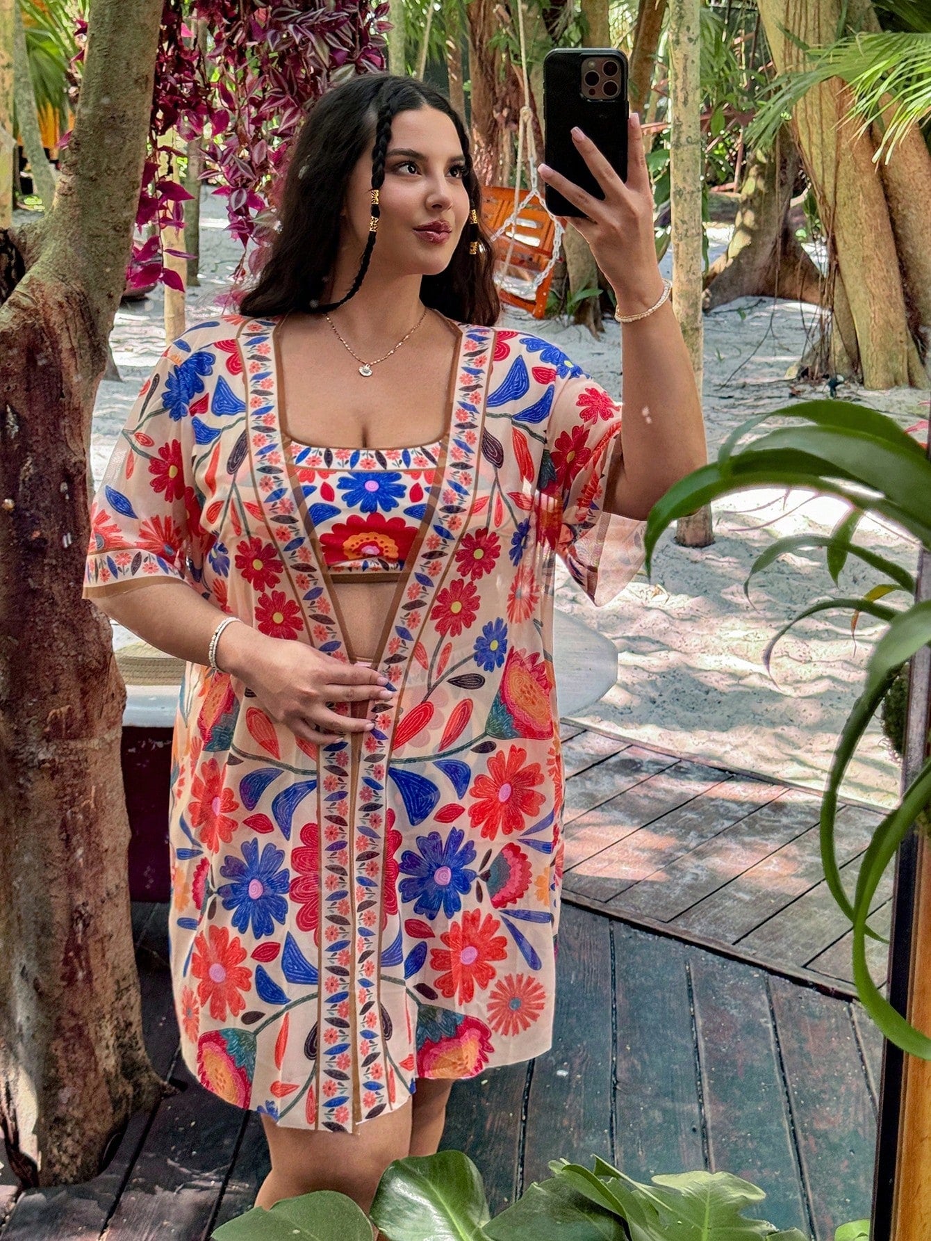 Swim Vcay 3pcs/Set Plus Size Women Position Floral Design One Piece Swimsuit & Cover Up Set, Casual Summer Beach Wear