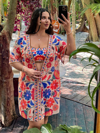 Swim Vcay 3pcs/Set Plus Size Women Position Floral Design One Piece Swimsuit & Cover Up Set, Casual Summer Beach Wear