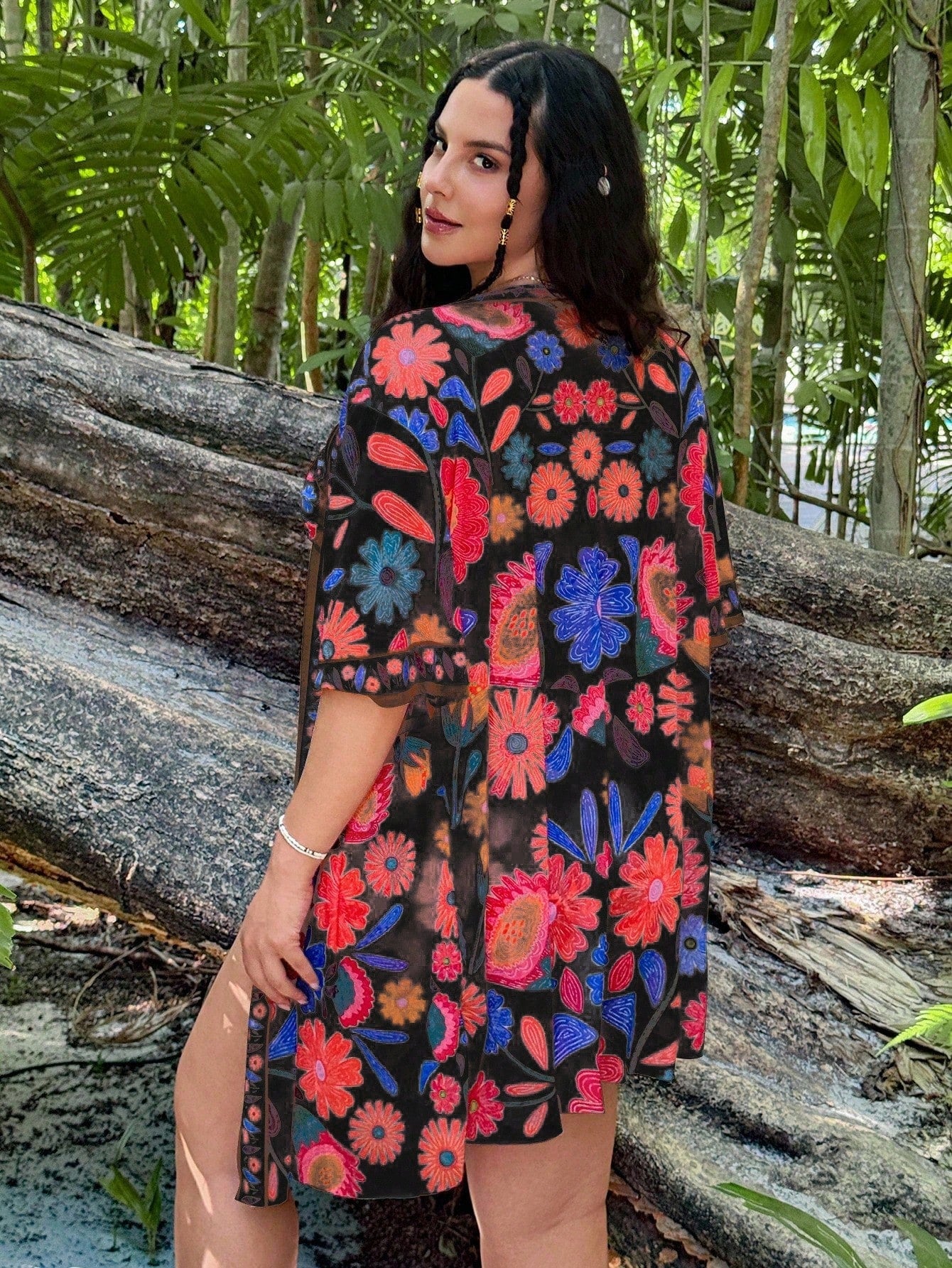 Swim Vcay 3pcs/Set Plus Size Women Position Floral Design One Piece Swimsuit & Cover Up Set, Casual Summer Beach Wear